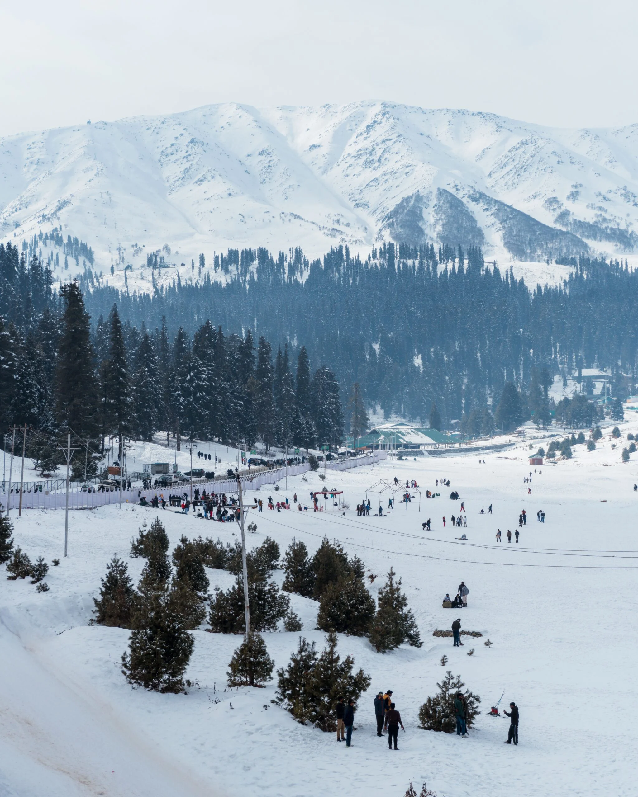 Scenic winter view of Gulmarg, India with snowy mountains, pine trees, and people enjoying the outdoors.